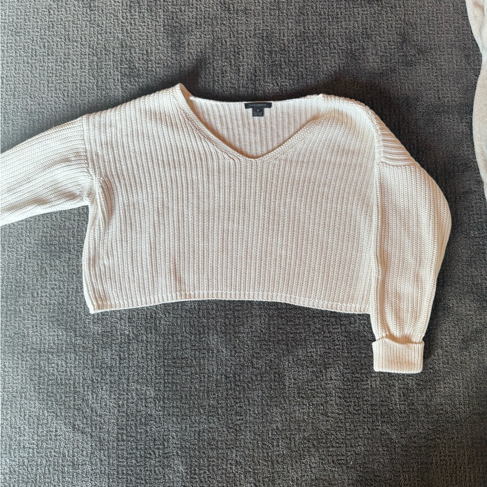 Cream Wide V-Neck Ribbed Sweater - Picture 2 of 3